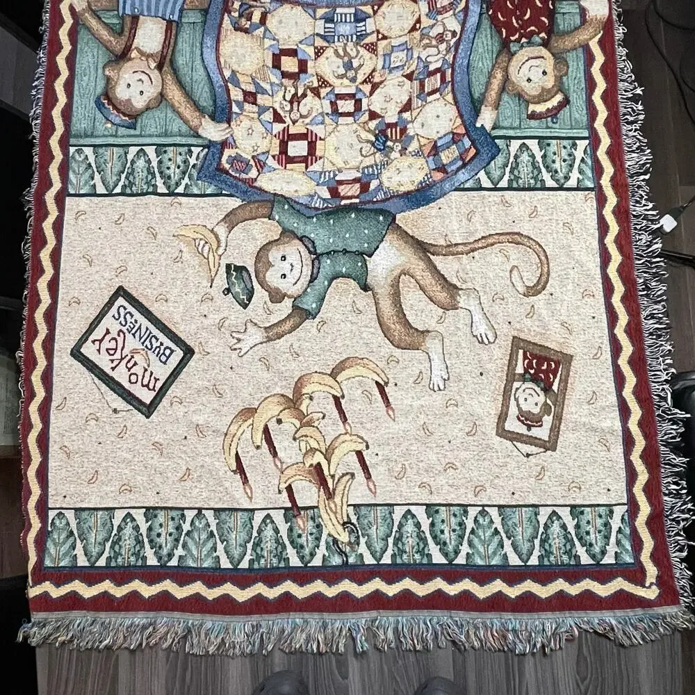 VTG Monkey Business Tapestry Bananas‎ Debbie Mumm Quilt Woven Nursery Decor Kids